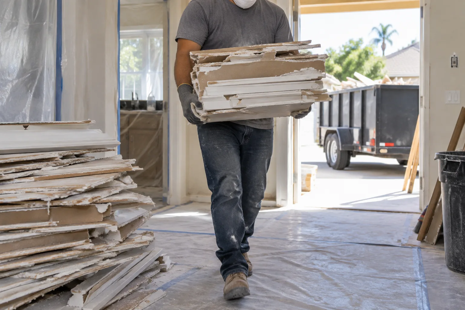 Sheetrock and gypsum scraps staged for removal