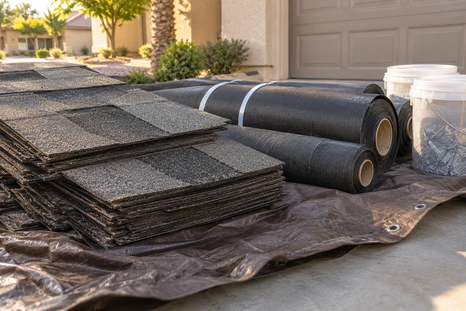Shingles and roofing tear-off prepared for pickup